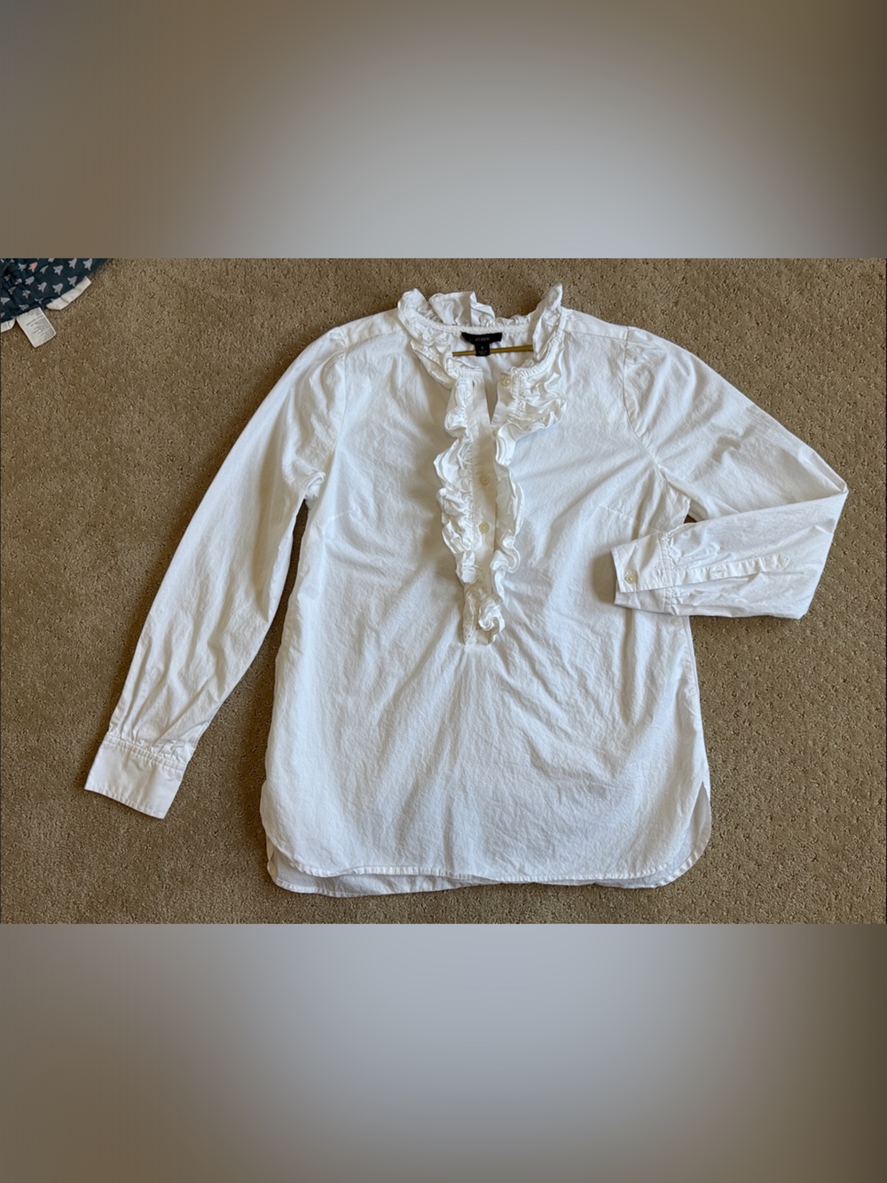 *NWOT* J. Crew LS Ruffle Front Classic Fit 3/4 Button Up Blouse, White, Sz S